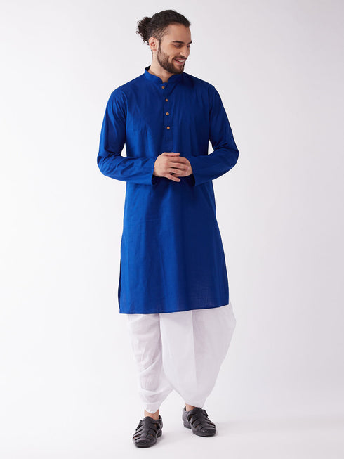 Vastramay Men's Blue And White Cotton Blend Kurta And Dhoti Set